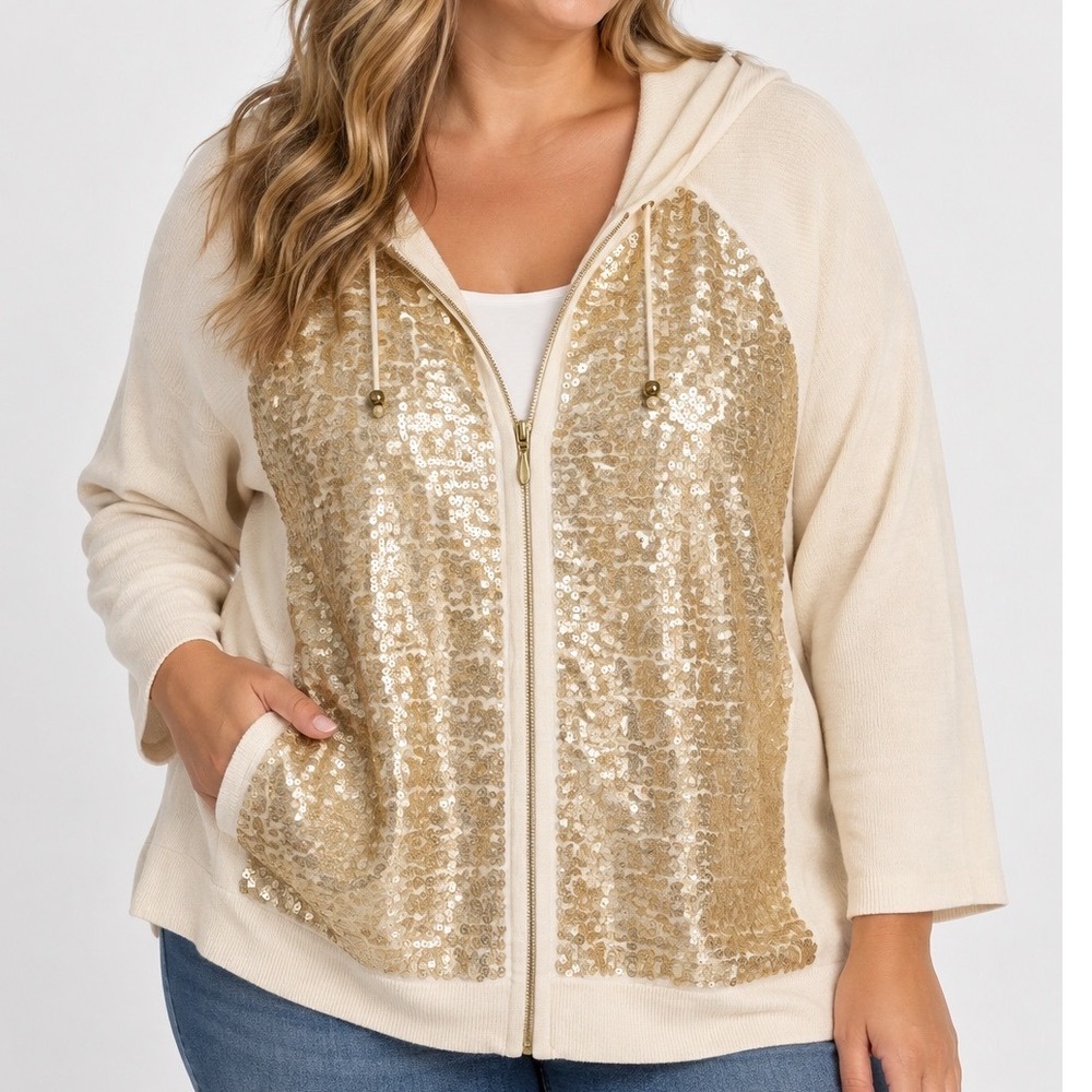 Chico's Zenergy Size 3 XL Cream Gold Sequin Zip Hoodie Sweater Glam Jacket